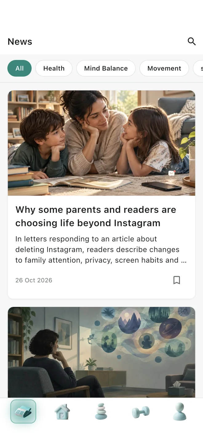 Wellbeing news screen in Daily Mind Balance