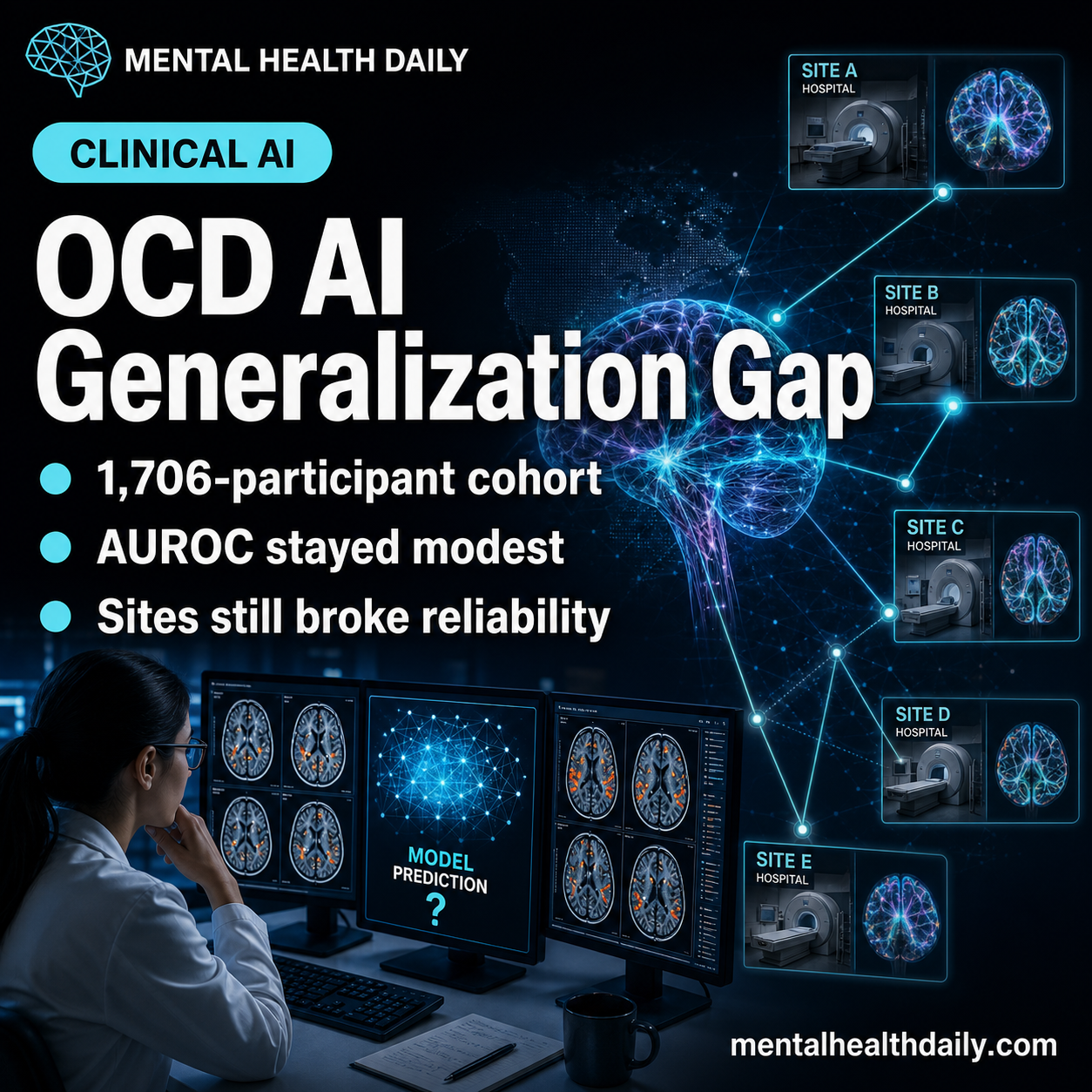 OCD Clinical AI Reached AUROC 0.653 but Failed Site Generalization